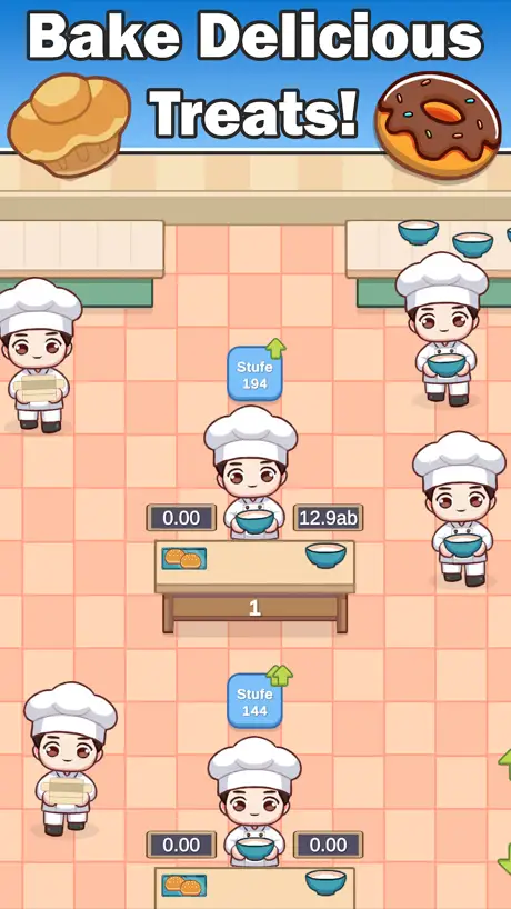 Captura de ecrã de Idle Bakery Tycoon com pasteleiros a preparar doces