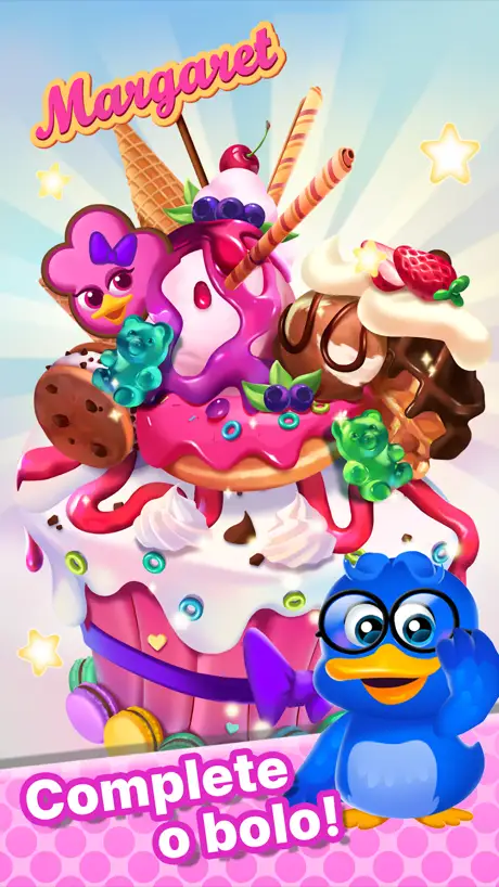 Captura de ecrã de Merge Ilha dos Biscoitos com um bolo colorido a ser completado