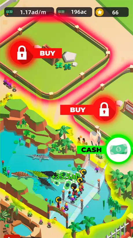 Captura de ecrã de Zoo Tycoon com recintos e visitantes num jardim zoológico